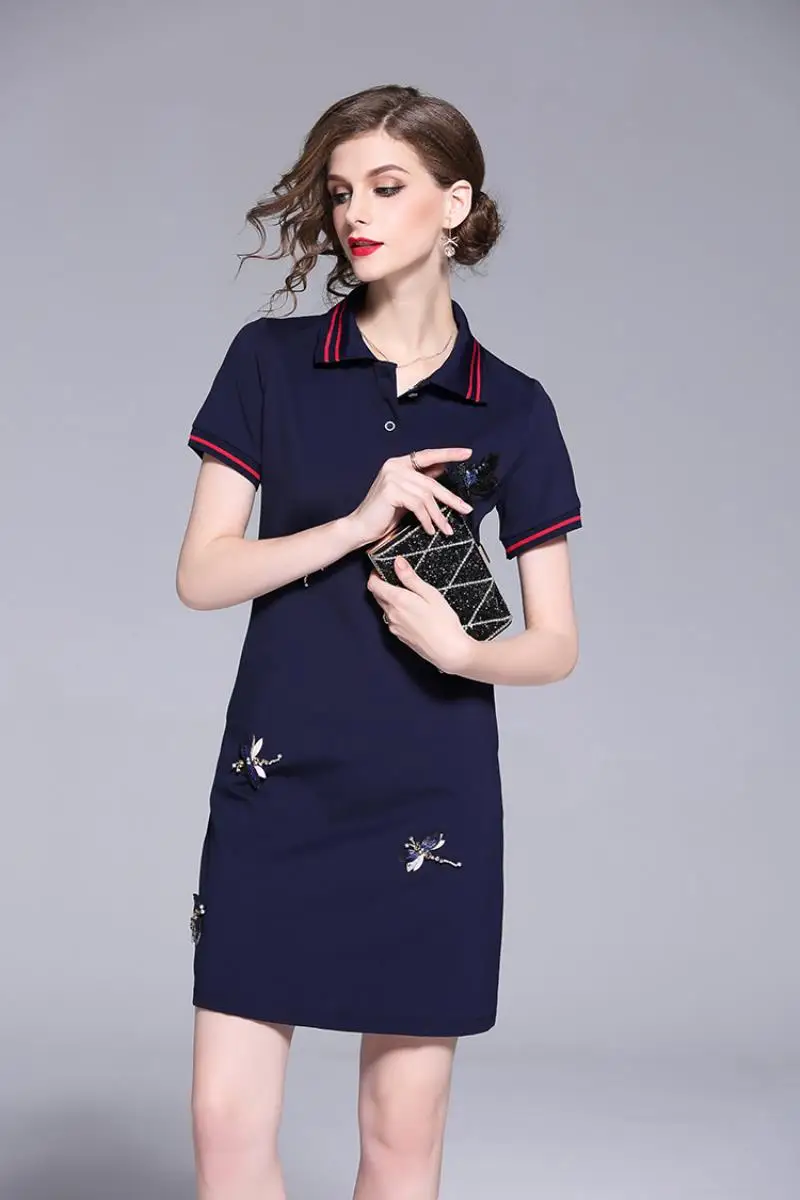 New Arrival 2018 Brand Clothing Summer Short Sleeved T-shirt Dress Women Embroidery Beading Casual White POLO Shirt Dress S-XXL