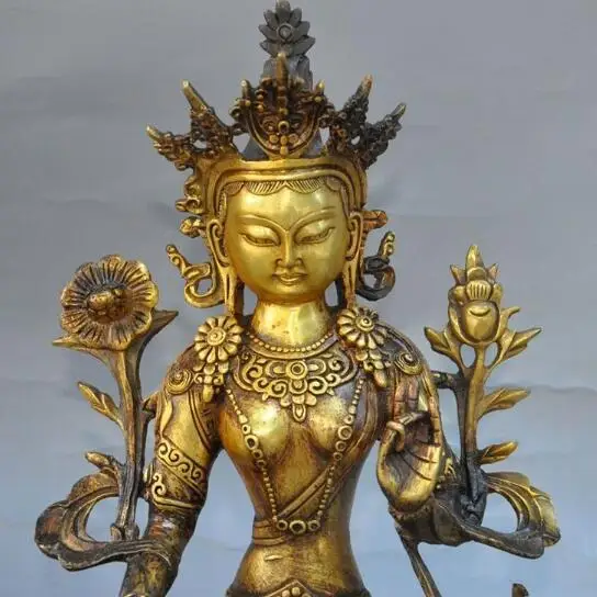 

S1305 11" tibet buddhism fane bronze gilt green tara goddess bodhisattva buddha statue