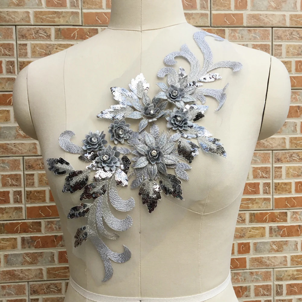 

Beaded Sequins 3D Embroidered Flowers DIY Patch Lace Applique Trimming Sew On Floral Patch For Clothing Wedding Dress Decor