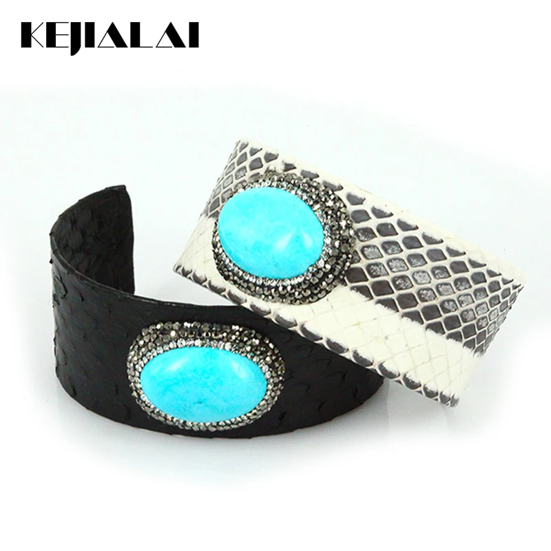 

Python Leather Bangles Punk Women Jewelry Natural Stone with Rhinestone Paving Adjustable Open Cuff Bracelets Best Gift