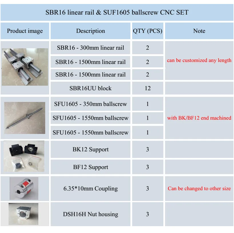 6 комплектов линейной направляющей SBR16 300 мм/700 мм/1100 мм и другой длины+ SFU1605 шариковый винт+ BK12/BF12+ гайка Корпус CNC части - Цвет: SBR16-300 1500 1500