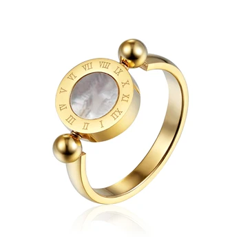 Il design classico può essere ruotato, smalto e conchiglia, numeri romani, bellissimo anello da donna, anello di marca in acciaio inossidabile, gioielli per le donne