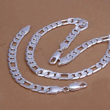 

12mm Men's cool figaro chain 8" 20cm bracelets 20" 50cm necklace set 925 real silver plated male fashion jewelry joyas de plata