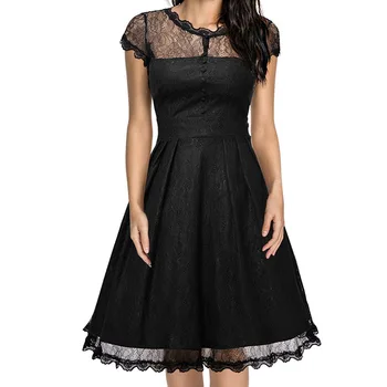 

Vogue Black Lace Dress Vintage Nice Short Sleeve O Neck Hallow Out Elegant Midi High Quality Solid Color Dresses Party Evening