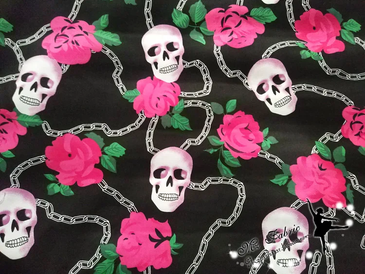 145 см ширина череп цветок печати черные хлопчатобумажные Сатиновые Ткани для женщин одежда рубашка пижамы рубашка и брюки шитье DIY-BK462