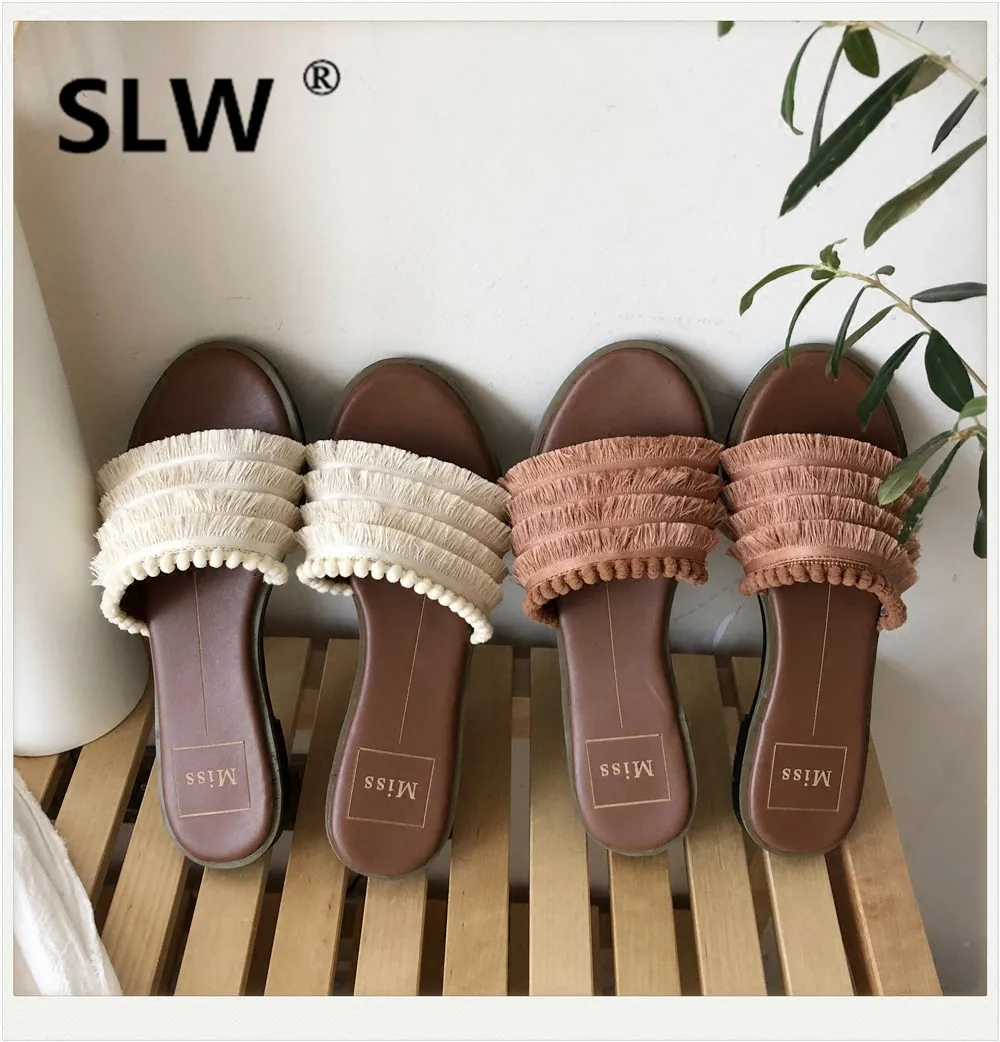 

women Butterfly-knot Fabric Flat allmatch summer Slides Square heel Fringe Concise Low Elegant slipper woman tassel sandals