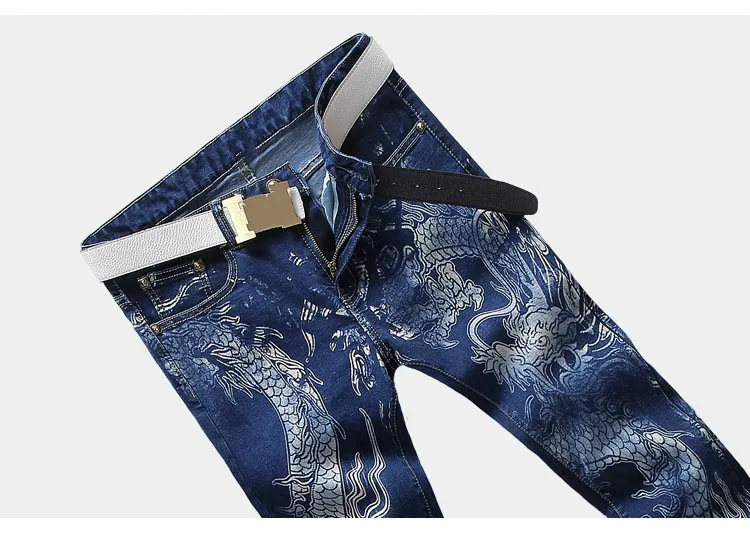 Модные джинсы с принтом дракона, мужские повседневные весенние летние тонкие черные прямые брюки с рисунком, крутые уличные мужские длинные брюки