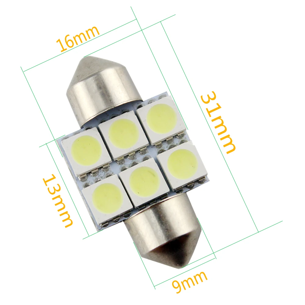 100 шт./лот 31 мм C5W C10W гирлянда 6 led 5050 SMD автомобиль свет номерного знака подсветка для автомобильного номера внутренний купол лампа Лампы для чтения