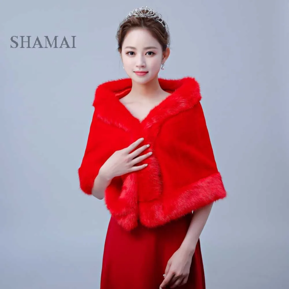 SHAMAI красный искусственный мех, зимний теплый плащ для свадьбы, меховое Болеро для невесты, накидка, вечерний жакет, Высококачественная свадебная куртка, накидка подружки невесты