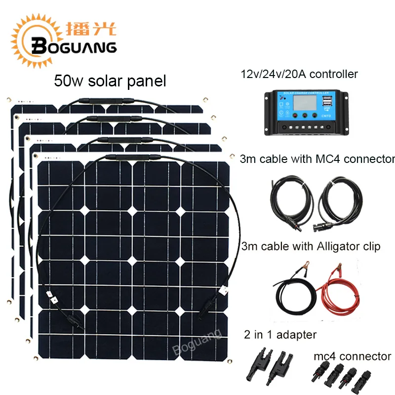 

Boguang 200w 12v solar DIY kit System 50w solar panel cell MC4 connector 2 in 1 adapter 12v/24v/20A controller battery cable