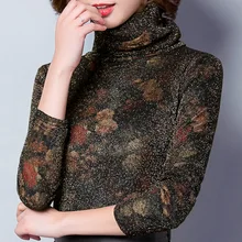 Женская мода Тонкий Цветочный принт водолазка плюс бархат Bling под Рубашки для мальчиков женский флис теплая футболка Топы корректирующие