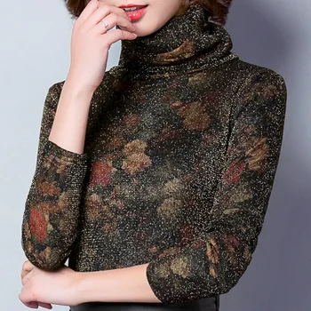

Wholesale Womens Fashion Slim Floral Print Turtleneck Plus Velvet Bling Bling Under Shirts Female Fleece Thick Warm T Shirt Tops