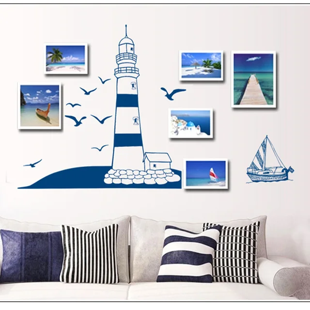 New Design Wall Sticker Mediterranean Lighthouse Style Blue Color New Design Wall Sticker Mediterranean Lighthouse Style Blue Color Photo Frame Home Decor Decoration
