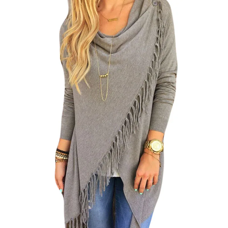 Spring Autumn Cardigans Tops Women Casual Loose Long Sleeve Irregular Hem Tassel Cardigan Cape Poncho Black Gray |