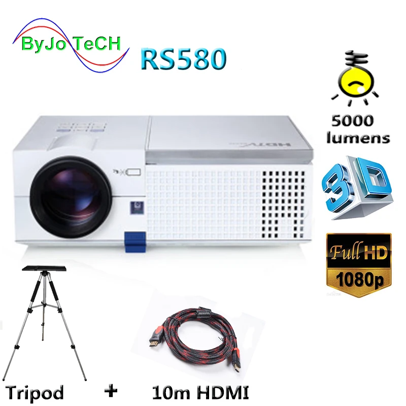 ByJoTeCH RS580 Full HD 1080P светодиодный проектор 5000 люмен встроенные двойные HIFI динамики 3D проектор с 10 м HDMI штатив