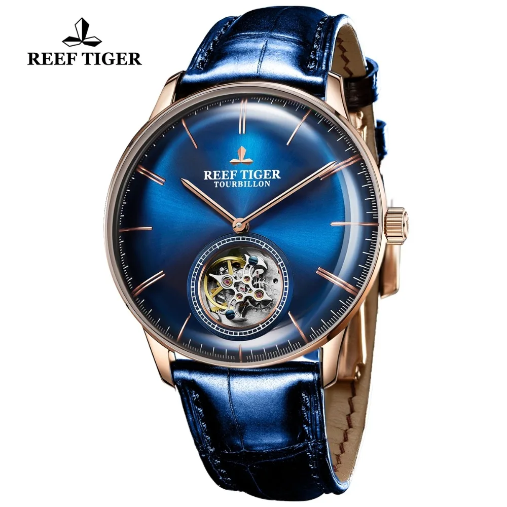 Reef Tiger мужские роскошные брендовые турбийон часы водонепроницаемые розовое золото автоматические часы из натуральной кожи ремешок Relogio Masculino