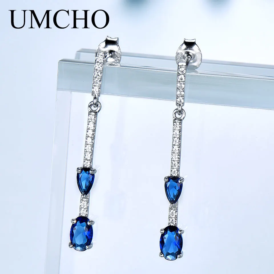 UMCHO Solid 925 Висячие серьги из серебра пробы для женщин с голубым сапфиром Свадебные