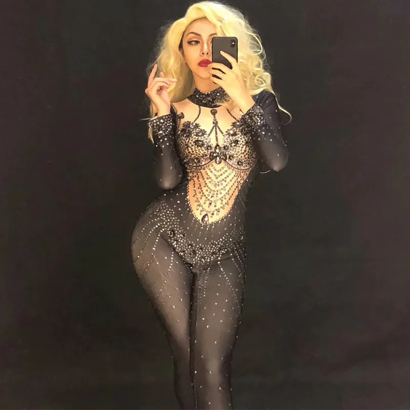 

Sexy Sparkly Rhinestone Jumpsuit Women's Stretch Leggings Bodysuit Costume Dance Stage Wear Female Singer Birthday Party Outfit