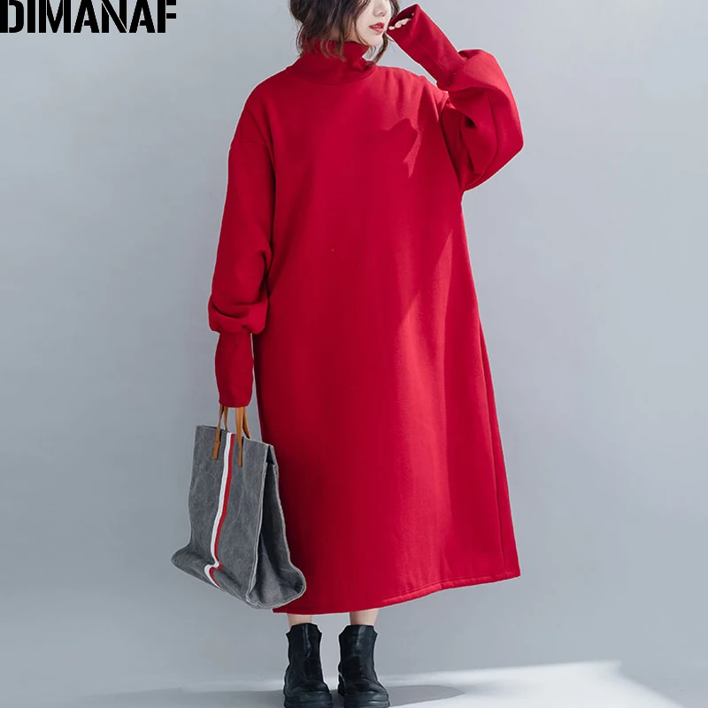  DIMANAF Plus Size Long Dress Women Winter Loose Lady Vestidos Casual Solid Thick Cotton Knitting Tu