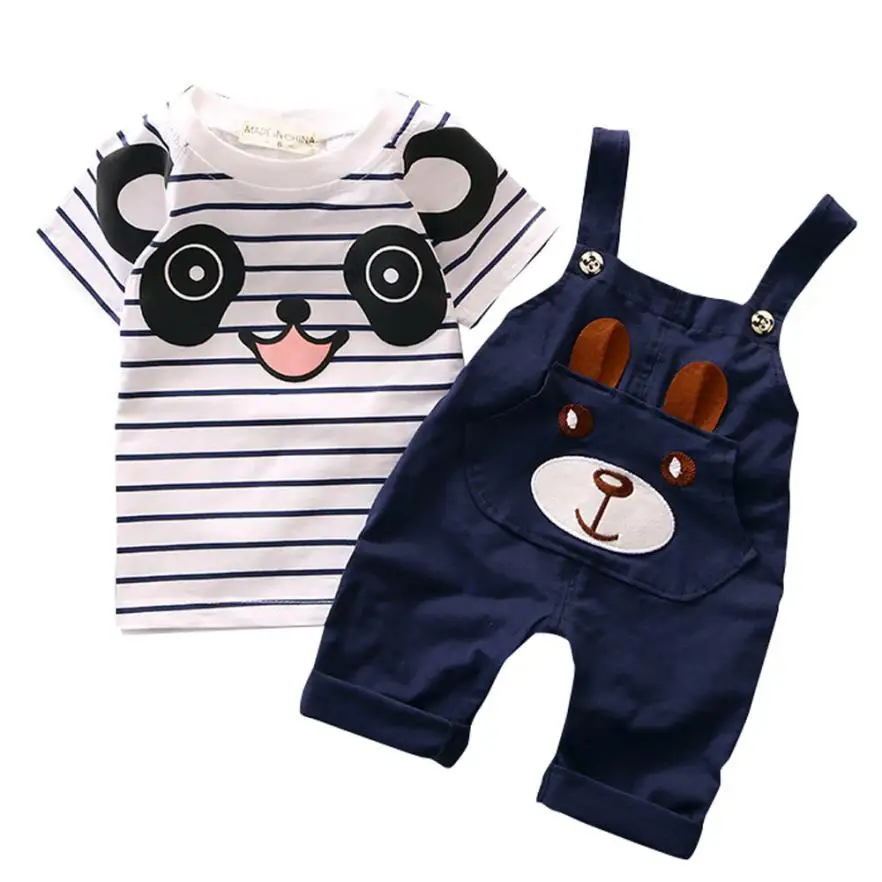 Летняя футболка в полоску с короткими рукавами для маленьких мальчиков и девочек+ Слюнявчик с медвежонком, комплект из двух предметов Повседневная модная Милая Спортивная одежда для малышей