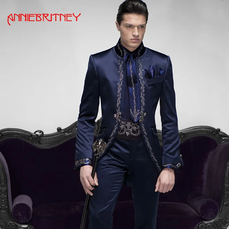 1.1.Navy Blue Satin Embroidery Men Suit Italian Long Tuxedo123 