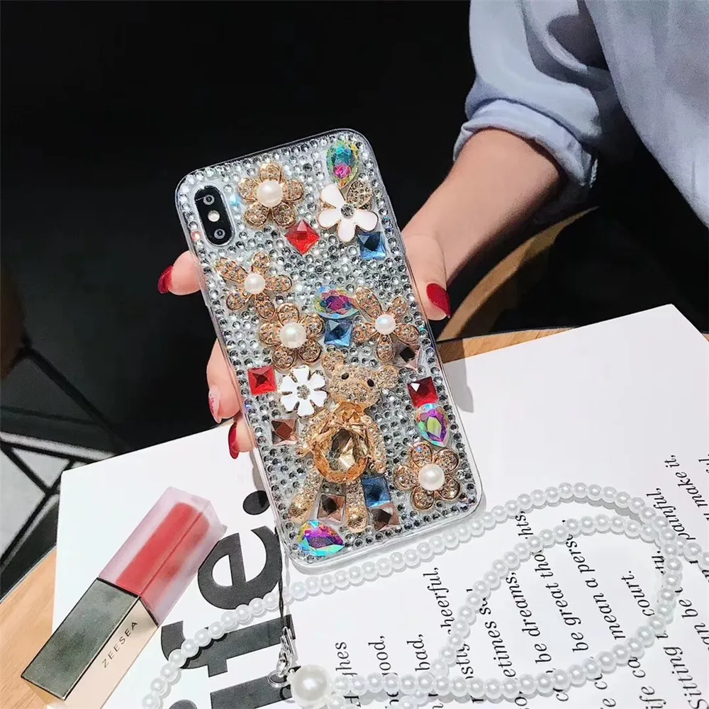 

ROHDEA Luxury Diamond Shiny Phone Case for iphoneXS max Bear Flower Rhinestone Case for iphone 5/6/7/8/plus/X/XR Soft Back Cover
