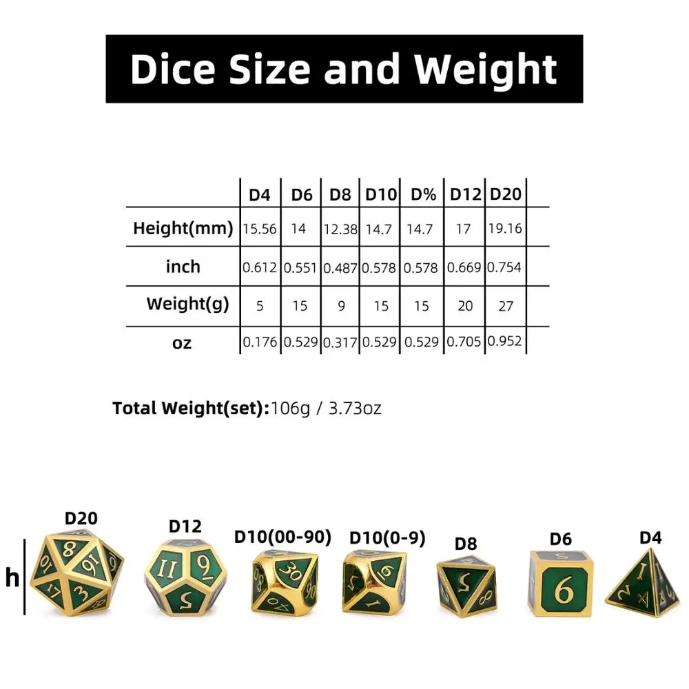 Металлические игральные кости D4 D6 D8 D10 D% D12 D20 с черным мягким шнурком мешочек для DnD РПГ настольные игры золото и зеленый