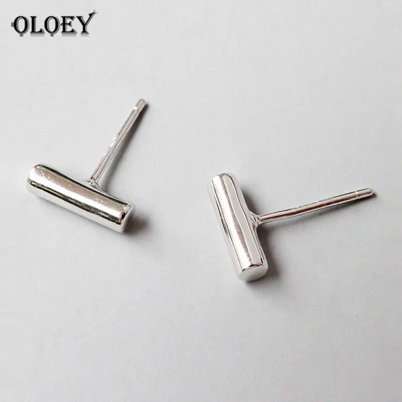 

OLOEY Simple T Bar Earrings 100% Real 925 Sterling Silver Punk Square Column Cylinder Bar Stud Ear Hiphop Unisex Jewelry YME374