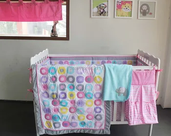 

2014 Newest 7pcs girl Baby Crib Cot Bedding Set Quilt Bumper Sheet Dust Ruffle Nappy bag 5 items Birdie Owlet for Girl