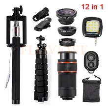 All in1 Мобильная комплект 8x зум-телеобъектив Оптические стёкла телескоп Fisheye Широкий формат макро Lentes для samrtphone со штативом Зажимы