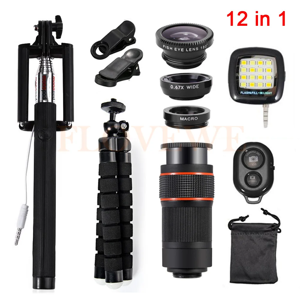 2017 All in1 Mobile Lens Kit 8x Zoom Telephoto Lenses Telescope Fisheye Wide Angle Macro Lentes
