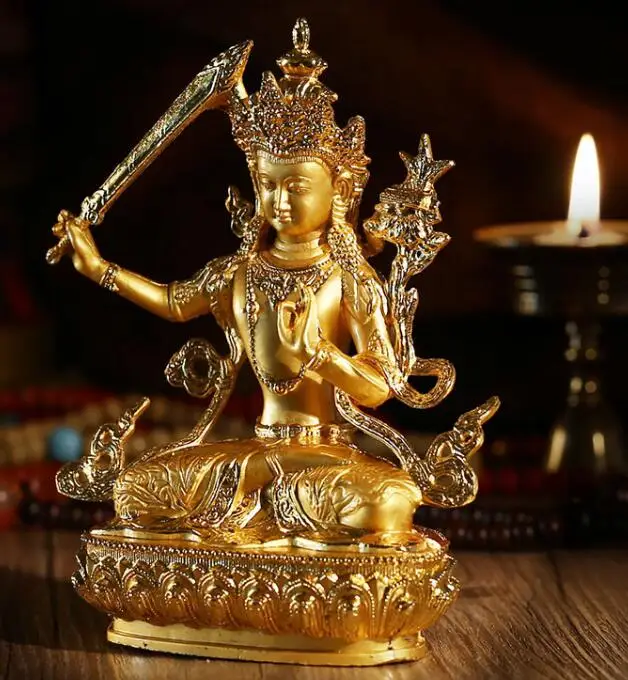Tranic efficious Bodhisattva Manjusri позолоченный Золотой Будда сплав металла буддийские поставщики дома/офиса украшения статуя ремесло - Цвет: Золотой