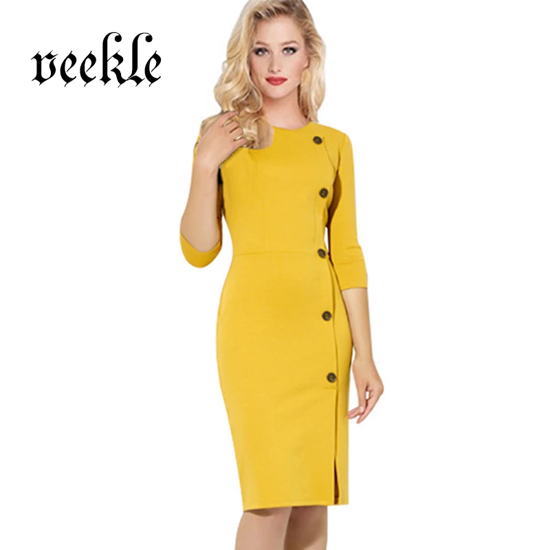 

Big Size XXXL Business Dress Women Office Work Half Sleeve Lemon Yellow Green Button Modest Robe Femme Kim Kardashian Kleider