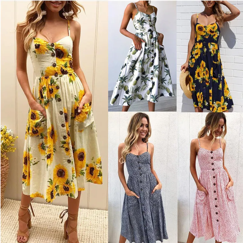

Summer Sexy Beach Long Boho Women's Dress Strap Print Floral Casual Loose Plus Size Robe Femme Midi Dress Elegant Sundress
