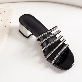 

kmeioo fashion rhinestone slides woman outside slippers crystal chunky heels women dress shoes black heels beach shoes