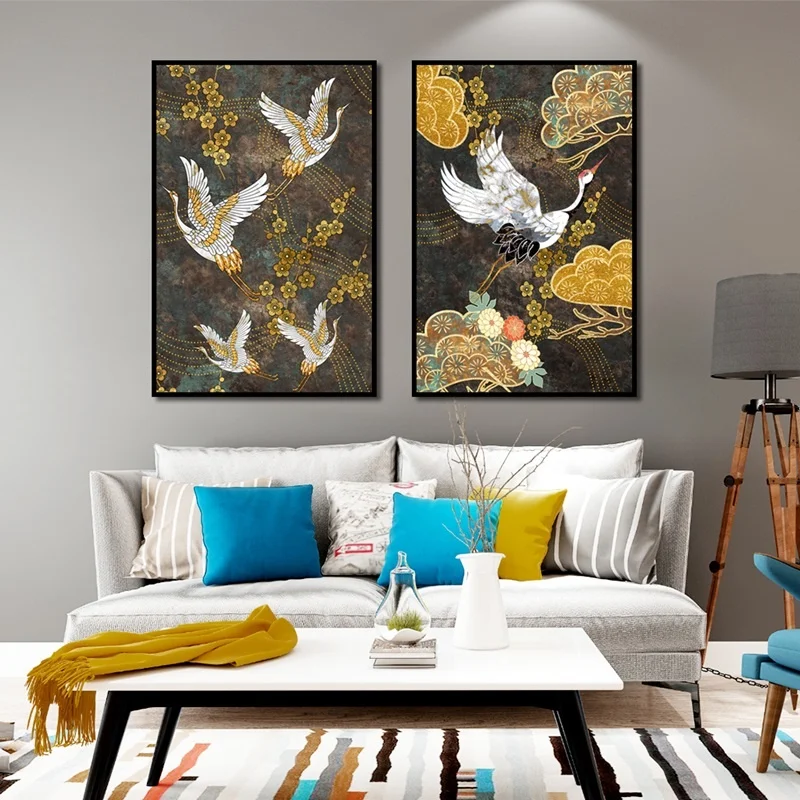 

New Chinese Vintage Poster White Cranes Golden Flower Folk Canvas Paintings Modern Home Decoration Wall Art Pictures No Frame