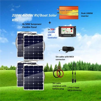 

Sunpower 4 * 50W Flexible Solar Panel with 20A LED Charge Controller 200W solar System Kit with peak 1000W Inverter