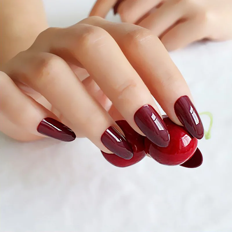 

24PCS Wine Red Full Sharp Ending Nails Tips Fake Acrylic Nails Stiletto False Nail Tips Normal Sizes for Nail Salons