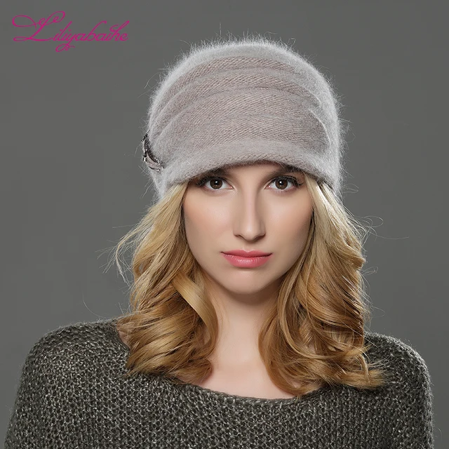 LILIYABAIHE NEW Style Women Winter hat brim hat knitted wool angora hat Soolid vertical flower