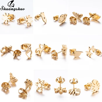 

Shuangshuo Stainless Steel Snowflake Stud Earrings for Women Gold Mickey Pendientes Animal Deer Bird Earings Small Ear Jewelry