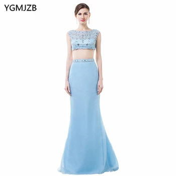 

Long Blue Evening Dresses 2019 Mermaid Cap Sleeve Beaded Crystal Sexy See Through Evening Gown Two Piece Prom Dress Prom Gown