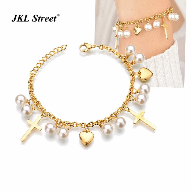 Religious Bracelet for Women Girls Stainless Steel Pearl Bead Cross