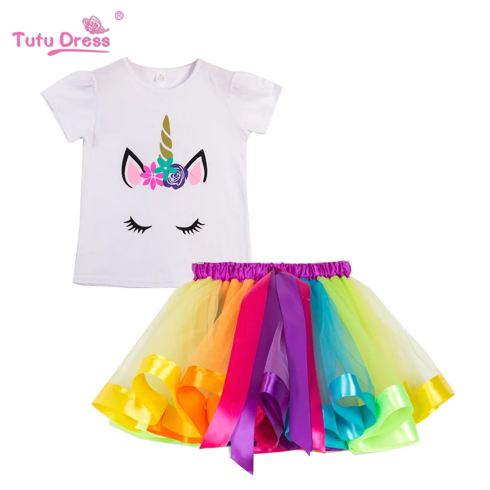 

Skirt for Kids Girl Tutu Unicorn Cotton T-shirt Short Sleeve Rainbow Princess Clothing Sets Party Costume Year Girl Clothes