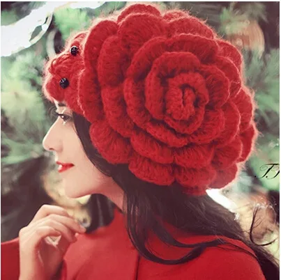 sweet women winter hat Beanies big flowers Beads Caps Lady Headgear Beanies Women's Winter Hats female Wool Knitted Hat