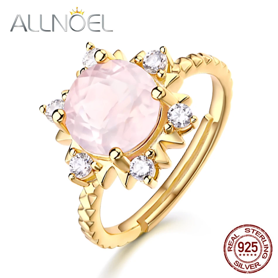 

ALLNOEL 925 Sterling Silver Stone Carved Ring Rose Pink Quartz For Women Bijoux En Argent 925 Gifts Gold Rings For March 8 Women