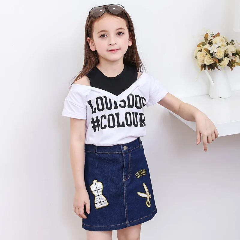 

Toddler Girls Summer Clothing Set Fashion Girls Clothes Off-shoulder T shirts Denim Skirt 6 8 10 12 14 years Children Clothing