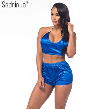 Sedrinuo Sexy Jumpsuit 2017 Women Elegant Jumpsuits Rompers Bodycon Backless Sleeveless Two pieces outfits Crop Top Short Pants