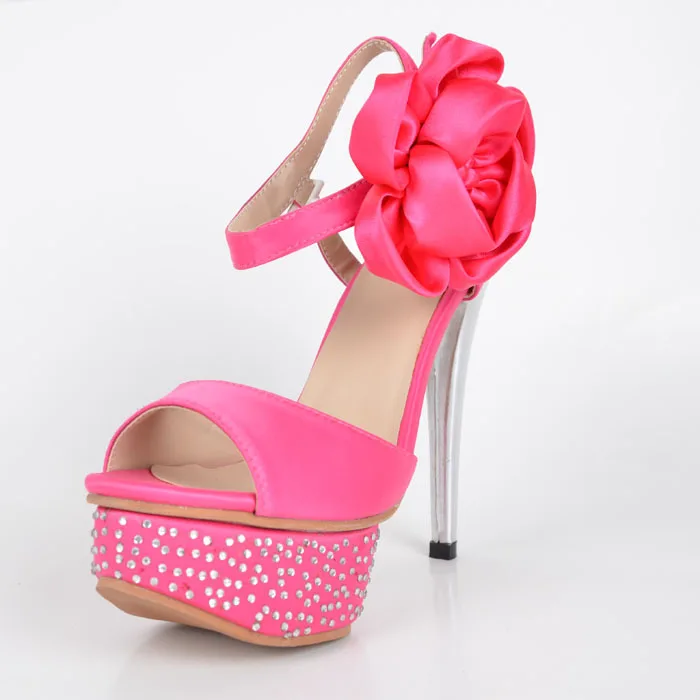 Pink Sweet Satin Flower Sandals For Women Stiletto Heel Rhinestones Platform Sandals 2015 Open Toe Thin High Heel Women Shoes