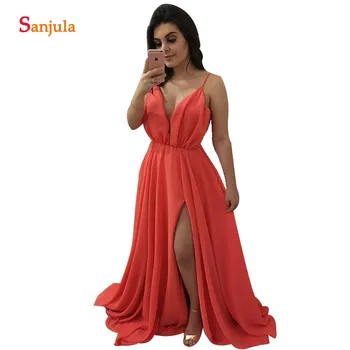 

V-neck Spaghetti Straps Bridesmaid Dresses A-line Lace-up Back Chiffon Long Wedding Party Dress Side Slit Simple Women Gown BY76