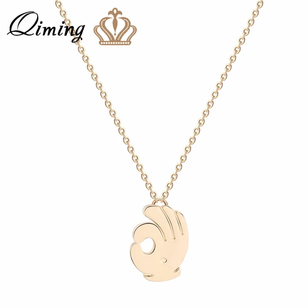 

QIMING Gesture OK Gold Necklace For Women Silver Wholesale Jewelry Hand Signal Chain Vintage Necklace Girls Party Gift